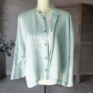 ESKANDER Gingham Oversized Lagenlook 100% Linen Top Seafoam White Check Size 0